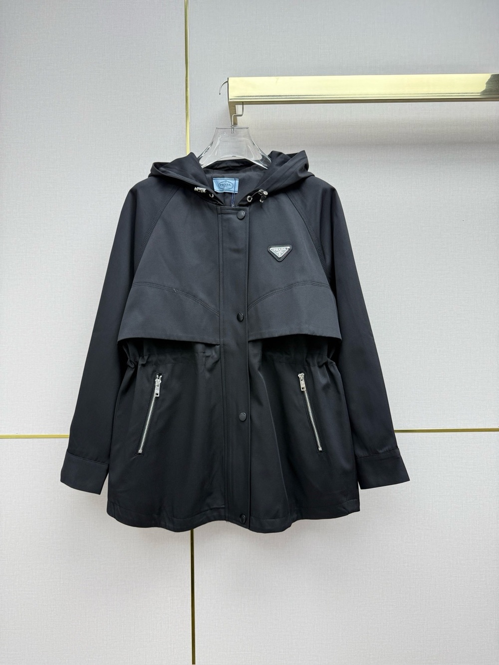 Prada Black Hooded Drawstring Waist Parka Jacket